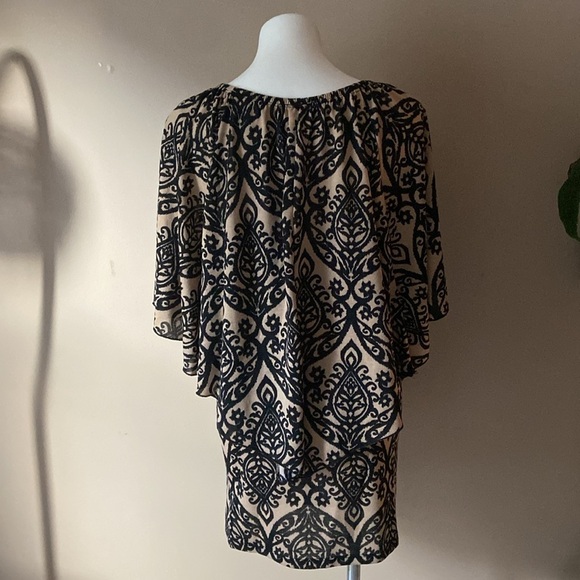 Christian Caliendo Tan Damask Mini Sleeveless Dress With Matching Cape Large - Picture 5 of 7